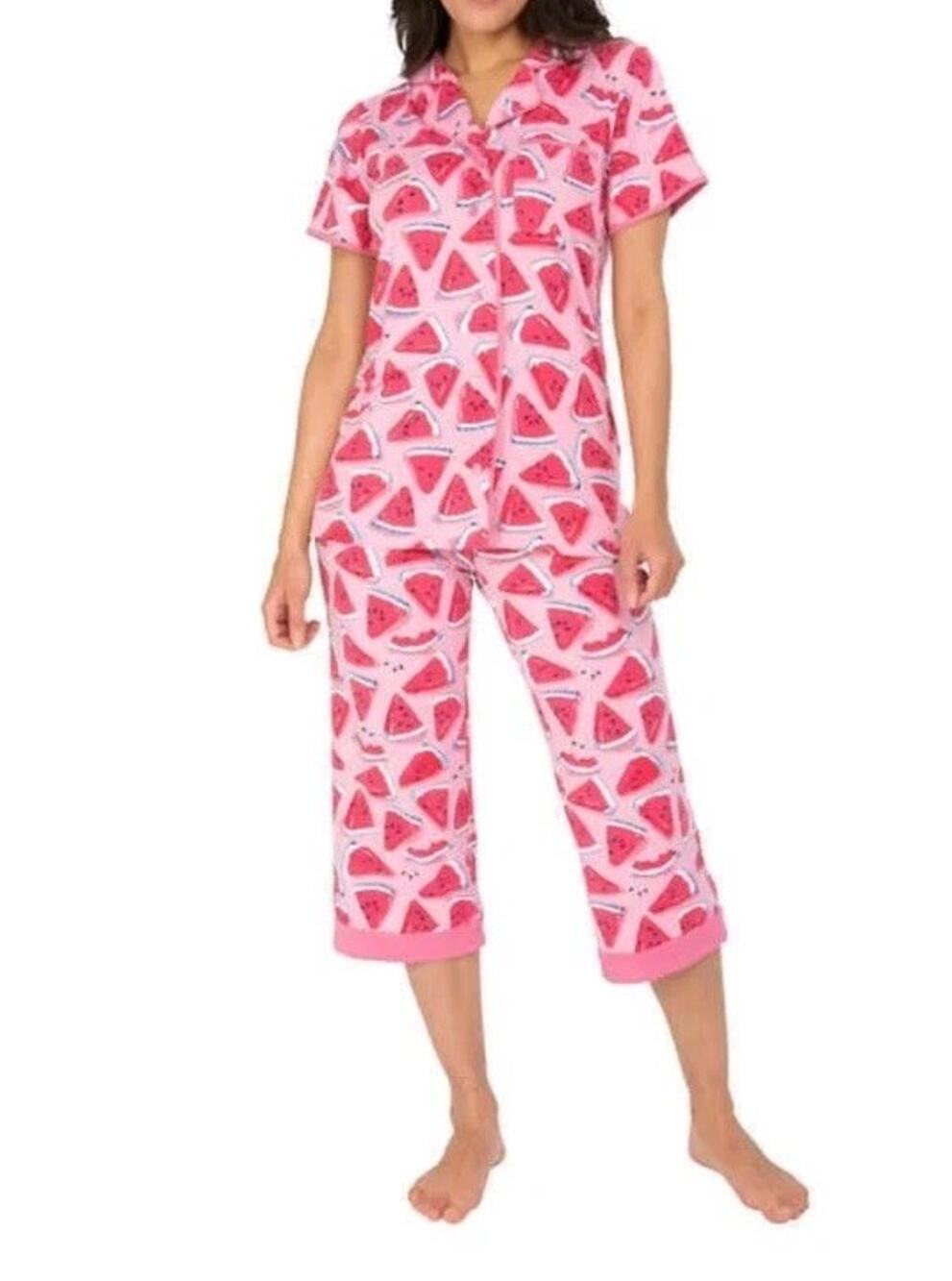 Munki Munki Womens S Pink Watermelon Pajama Set Button Front Top Capri Pants